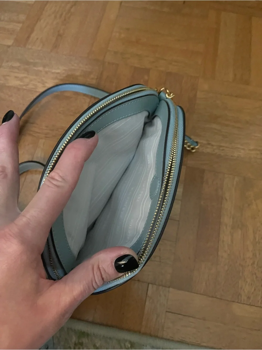 kate spade Light Blue Leather Dome Crossbody with Gold Chain Strap
